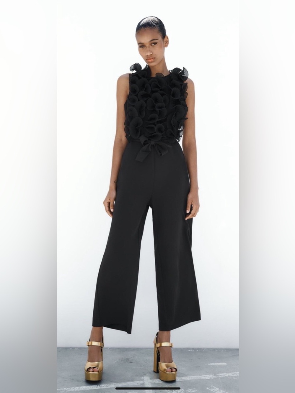 ZARA Sleeveless Black Floral Applique Jumpsuit